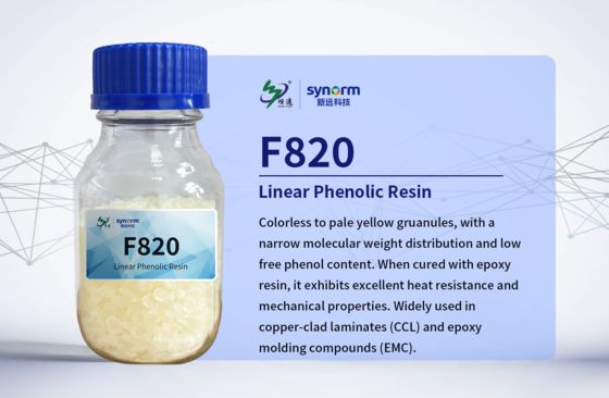 F820 Lineares phenolhaltiges Harz (Novolac), farblos bis hellgelb, granular, schmale Molekülmassenverteilung und sehr niedrige Gehalte an freiem Phenol und ionischen Verunreinigungen